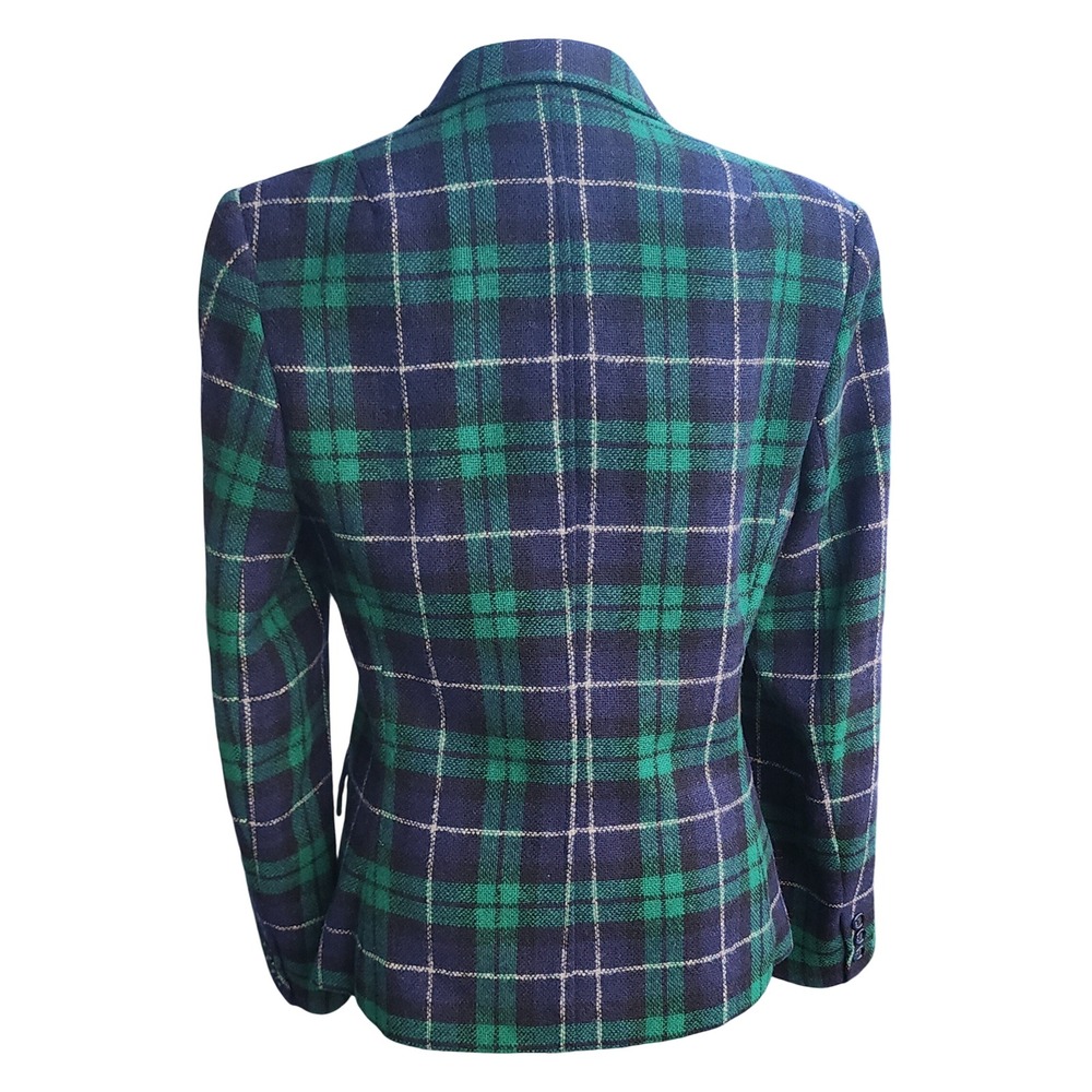 VTG The Villager Blazer Women's Glen Plaid Green Blue Wool Jacket Size 14 - Picture 3 of 8